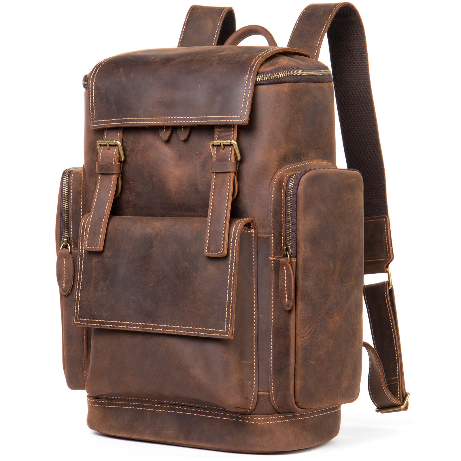 Vintage Crazy Horse Leather Backpack for Men - Coffee