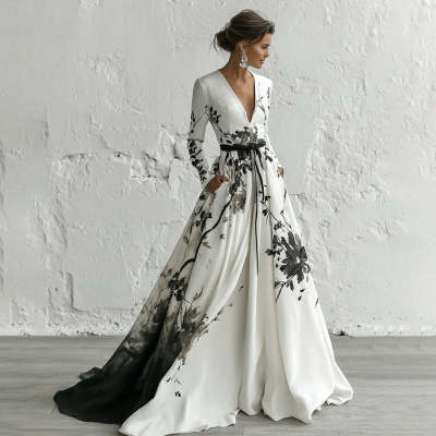 Womens Retro Bohemian Rose-Embroidered Loose Linen Floor-Length Dress