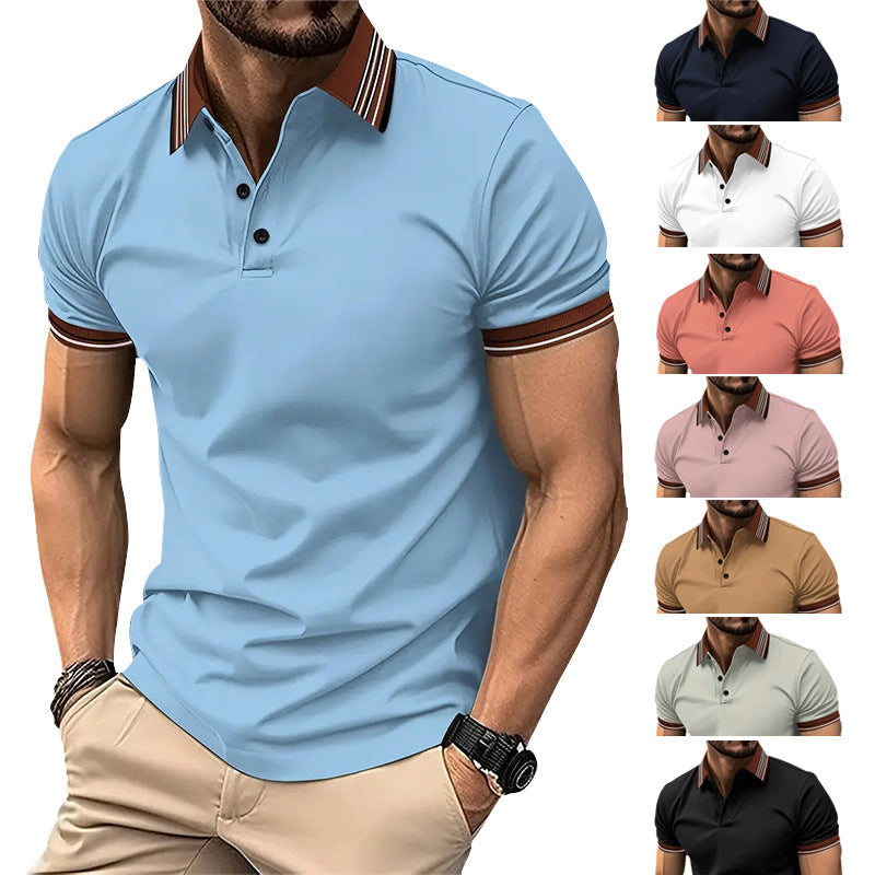 Men's Summer Short-Sleeve Business Polo Shirt Colorblock Lapel Top