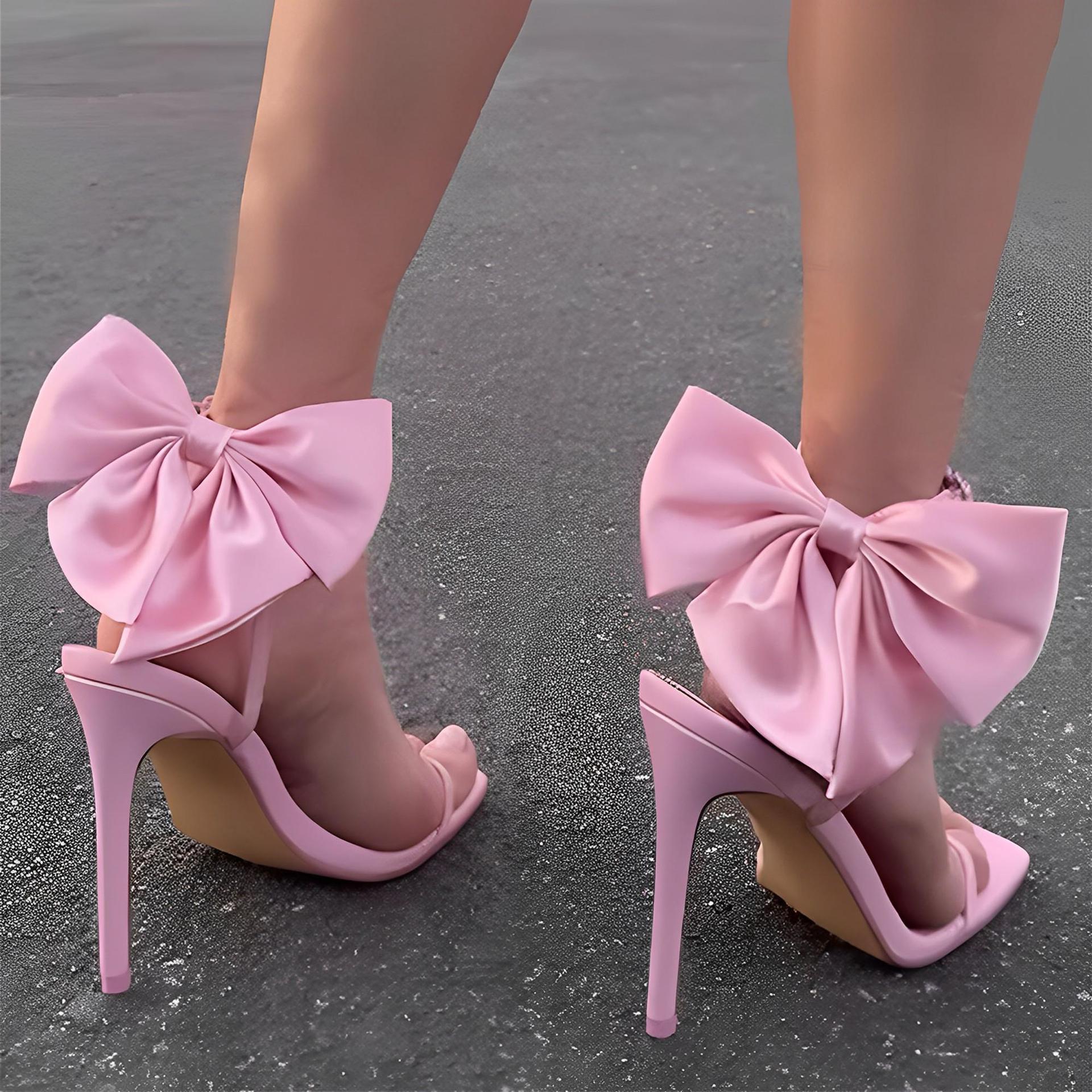 Sandales à talons aiguilles avec nœud arrière ornées de strass, disponibles en noir, abricot et rose, tailles 35-42