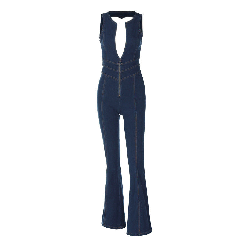 Combinaison salopette en jean rétro taille haute pour femme