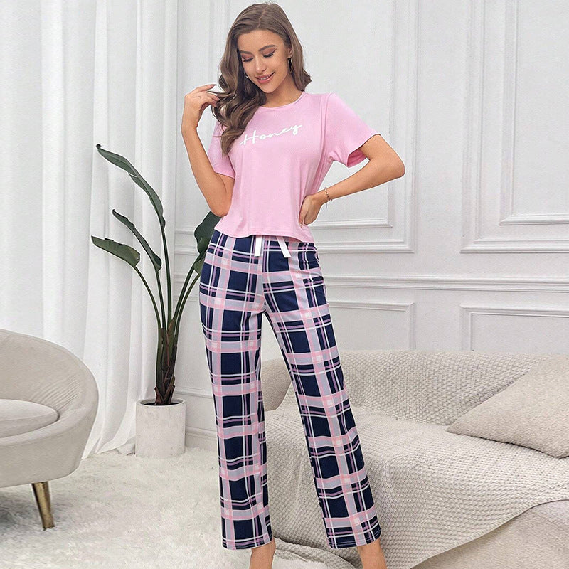 Plaid Short Sleeve Cropped Pants Set Casual