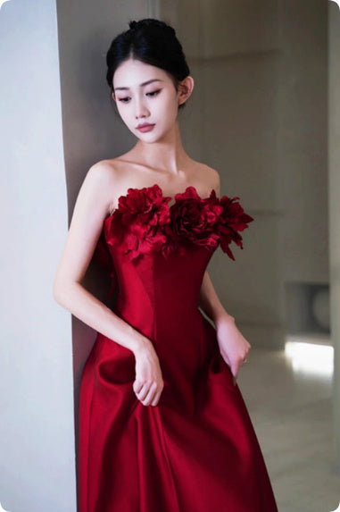 Human Wealth Burgundy Strapless Silk Wedding Toast Dress