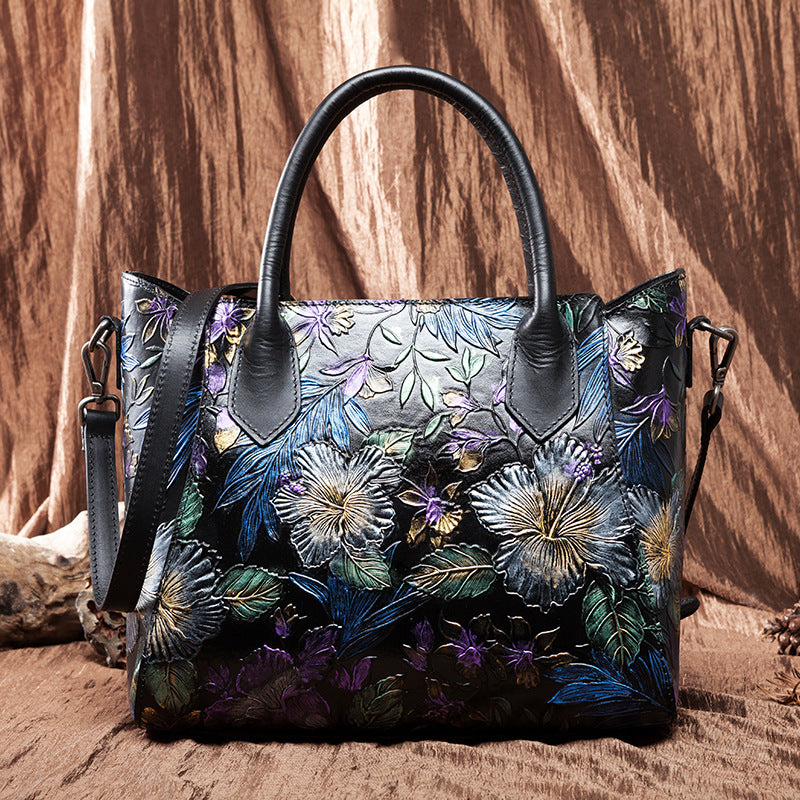 Ethnic Style Women's First Layer Cowhide Floral Messenger Shoulder Bag