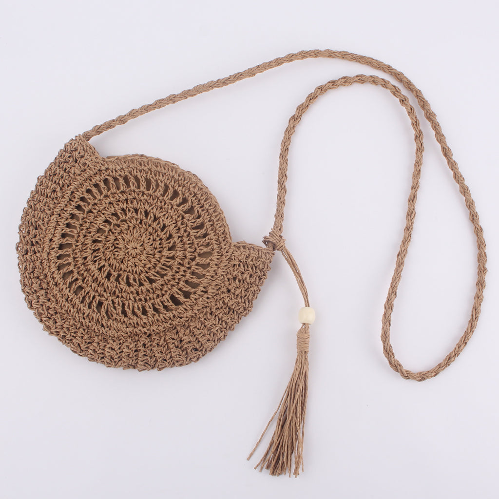 Sac bandoulière rond tressé en paille avec pompon, crocheté à la main pour femme, 26x23cm