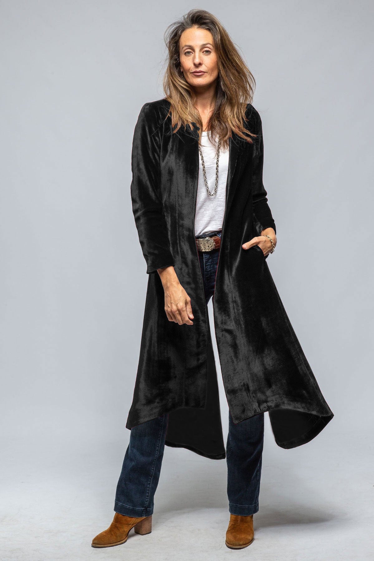 Women's Velvet Long Cardigan Solid Color Retro Split Trench Coat Loose Overcoat