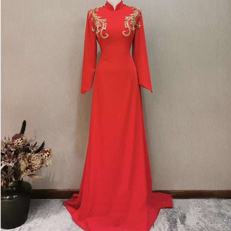 Robe de soirée de banquet pour femme, manches longues, rouge