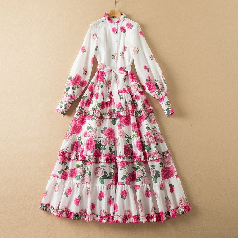 Stand Collar Long Sleeve Floral Lace-Up Cotton Blend Dress