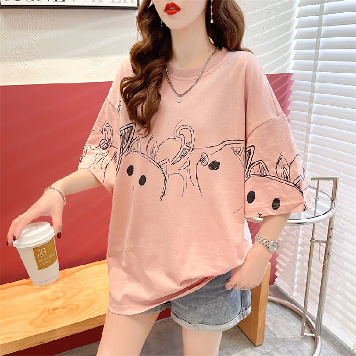 Female Creative Retro Loose Printed Short Sleeved Shirt