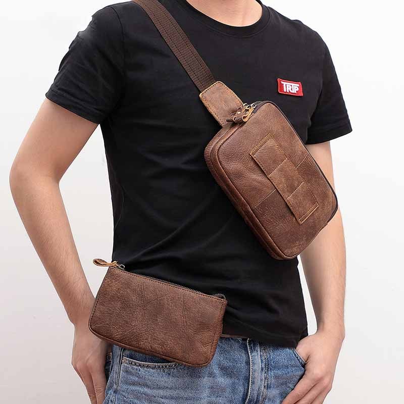 Sac banane homme en cuir 22x15x3cm Sacoche ceinture décontractée fonctionnelle Pochette de poitrine Marron