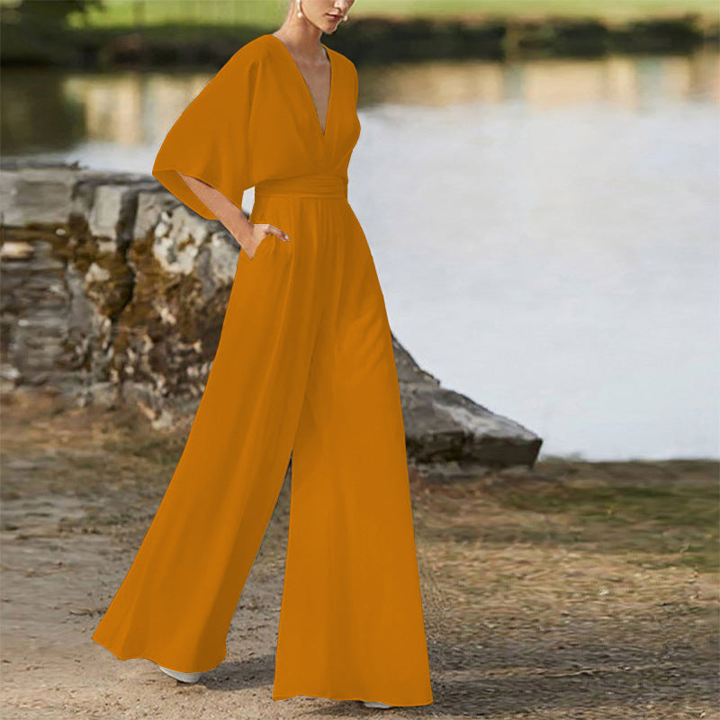Women's Deep V High Waist Wide Leg Jumpsuit
