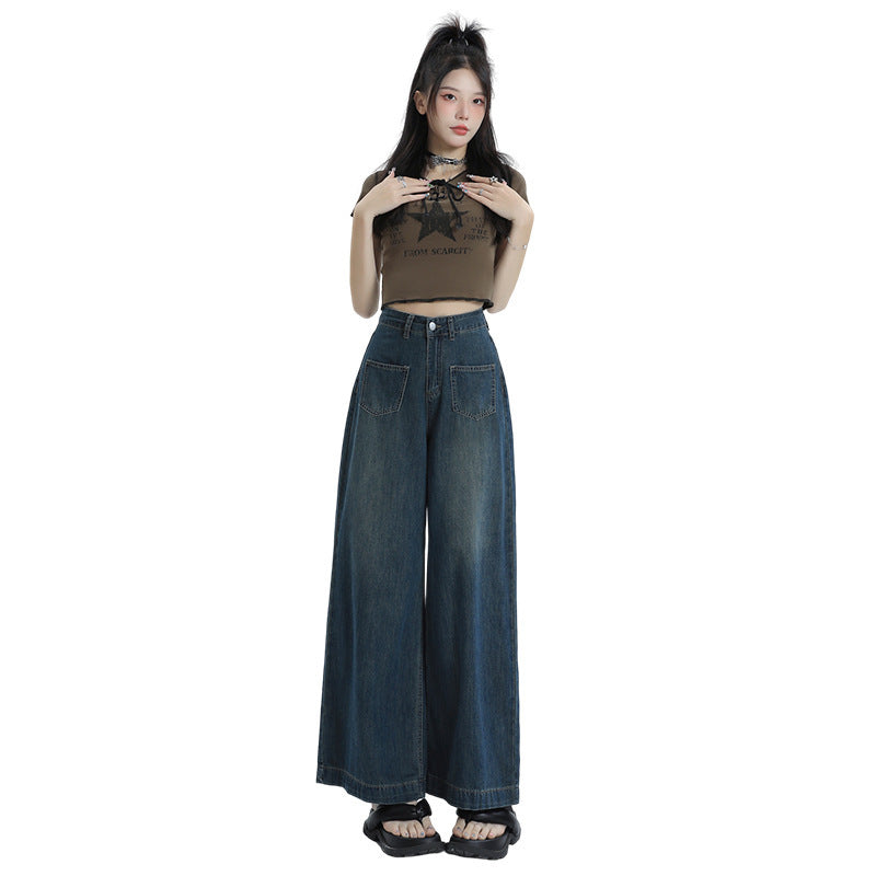 Women's Retro Blue High Waist Loose Straight Denim Pants