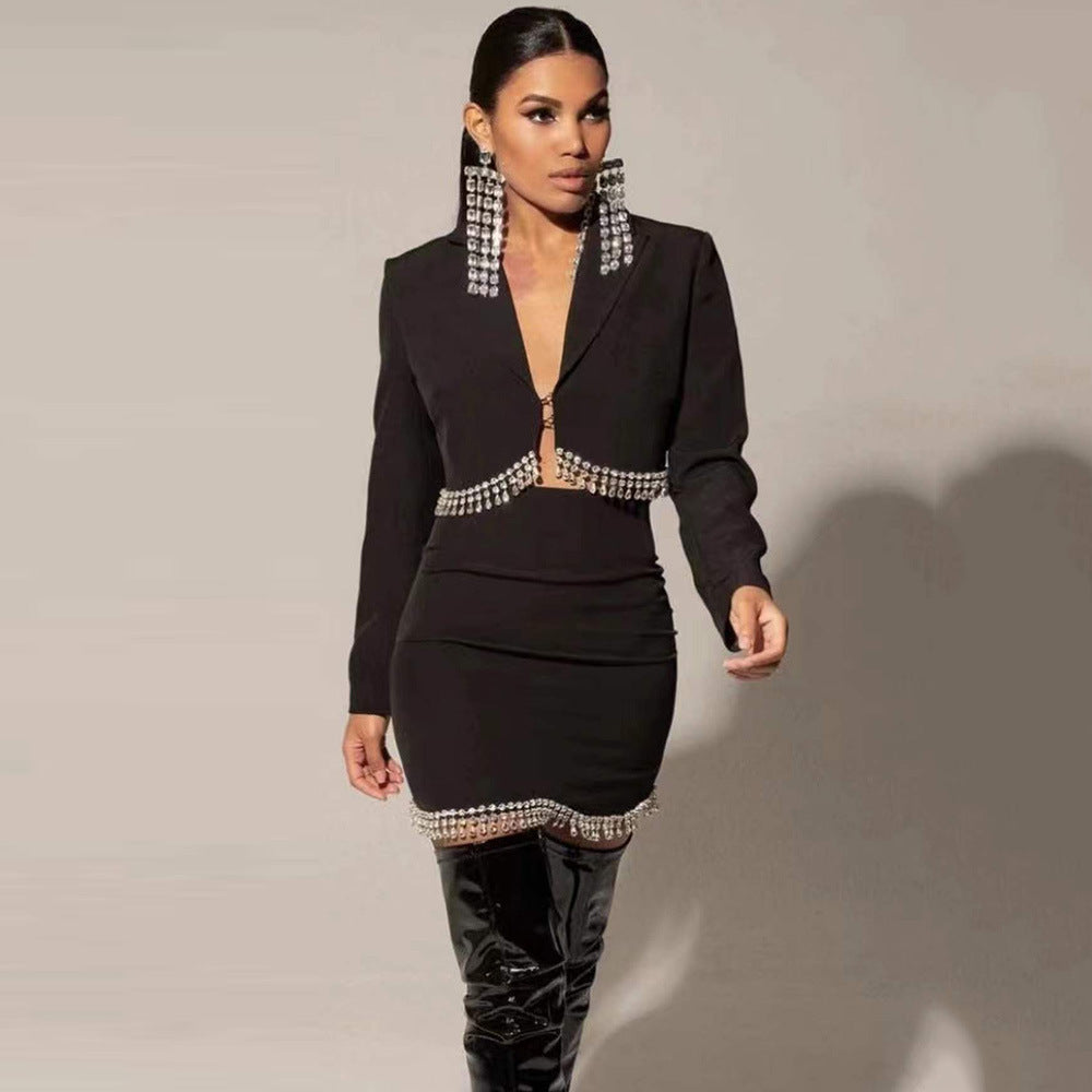 Fashion Long Sleeve Tassel Top Short Skirt Two-piece Set