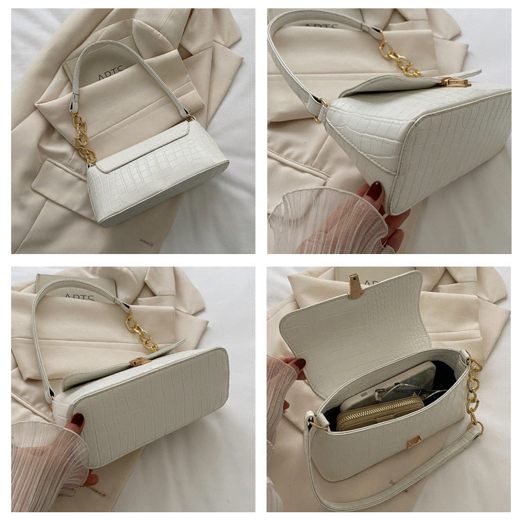 Sac à bandoulière français minoritaire de style baguette avec motif crocodile, en PU souple, 24x10.5x9cm