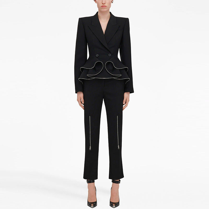 Black Zipper Ruffled Blazer & Skinny Pants Two-Piece Suit