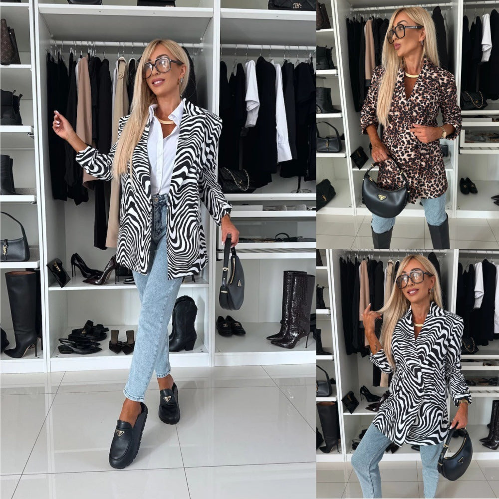 Women’s Zebra Print Long Sleeve Suit Coat Polyester