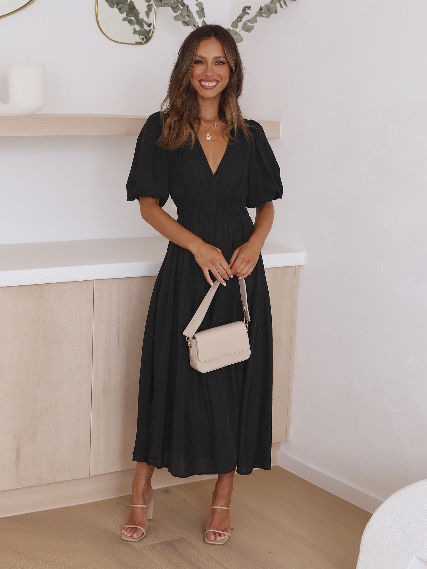 Deep V Puff Sleeve High Waist Flounced Dress for Women