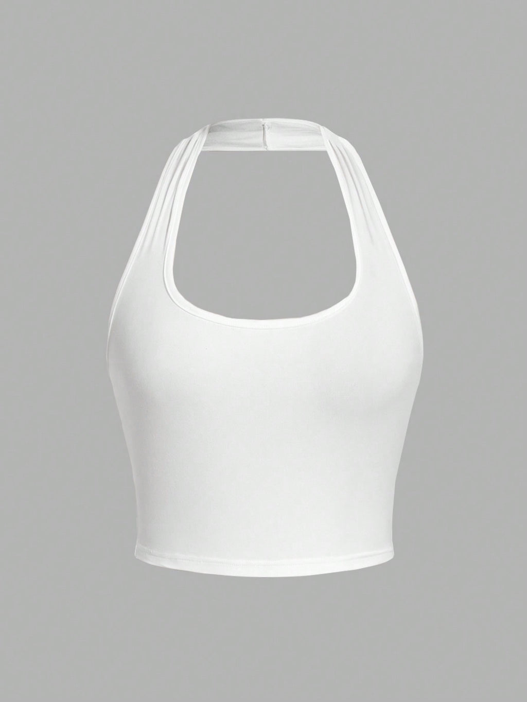 White Solid Color Cropped Halter Neck Slim Fit Tank Top for Women