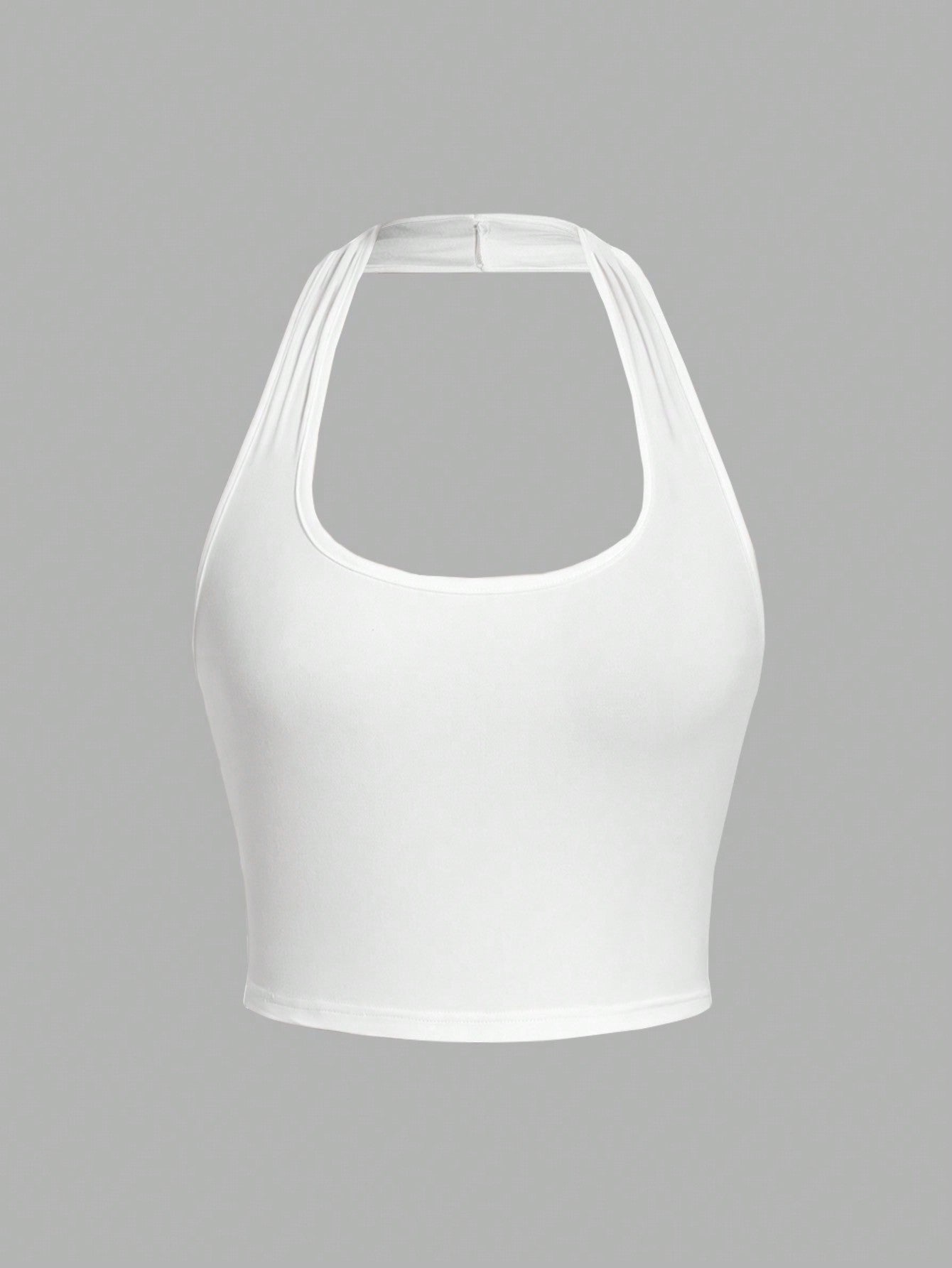 White Solid Color Cropped Halter Neck Slim Fit Tank Top for Women