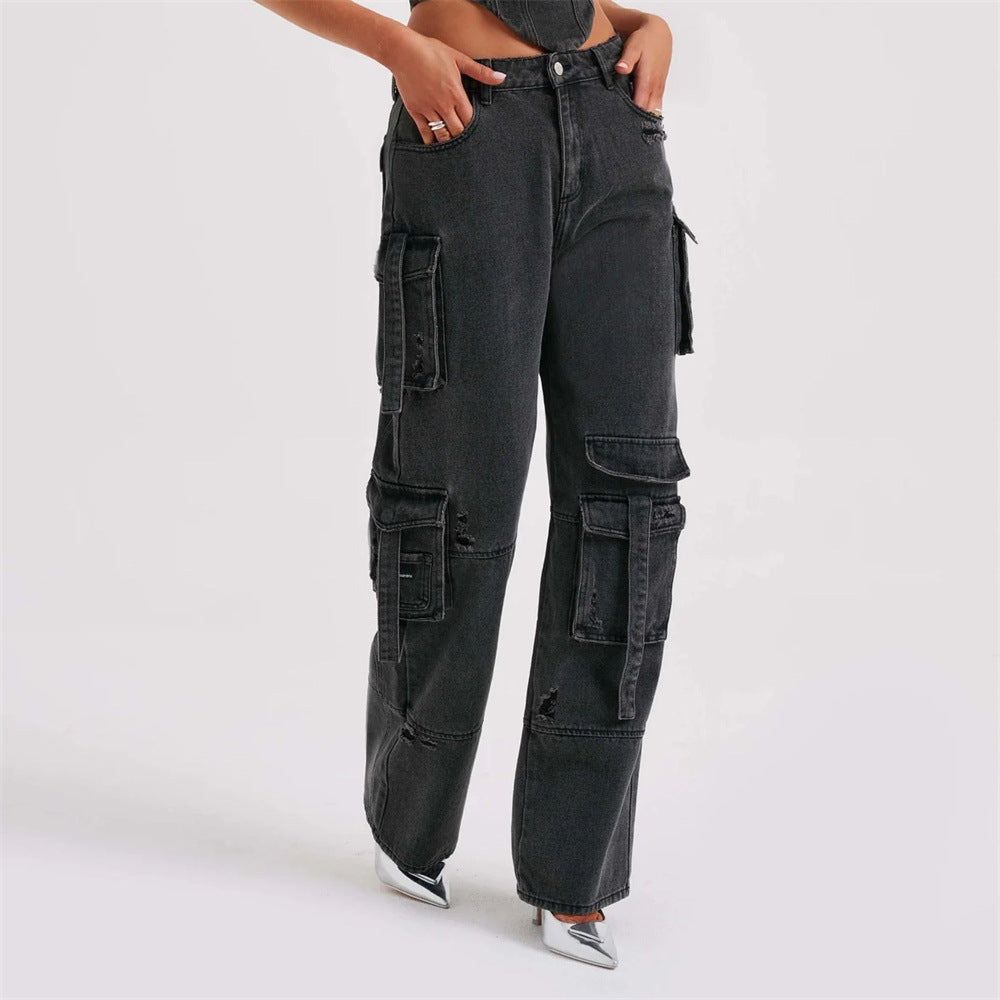 Jean taille basse ample pour femme avec poches et haut