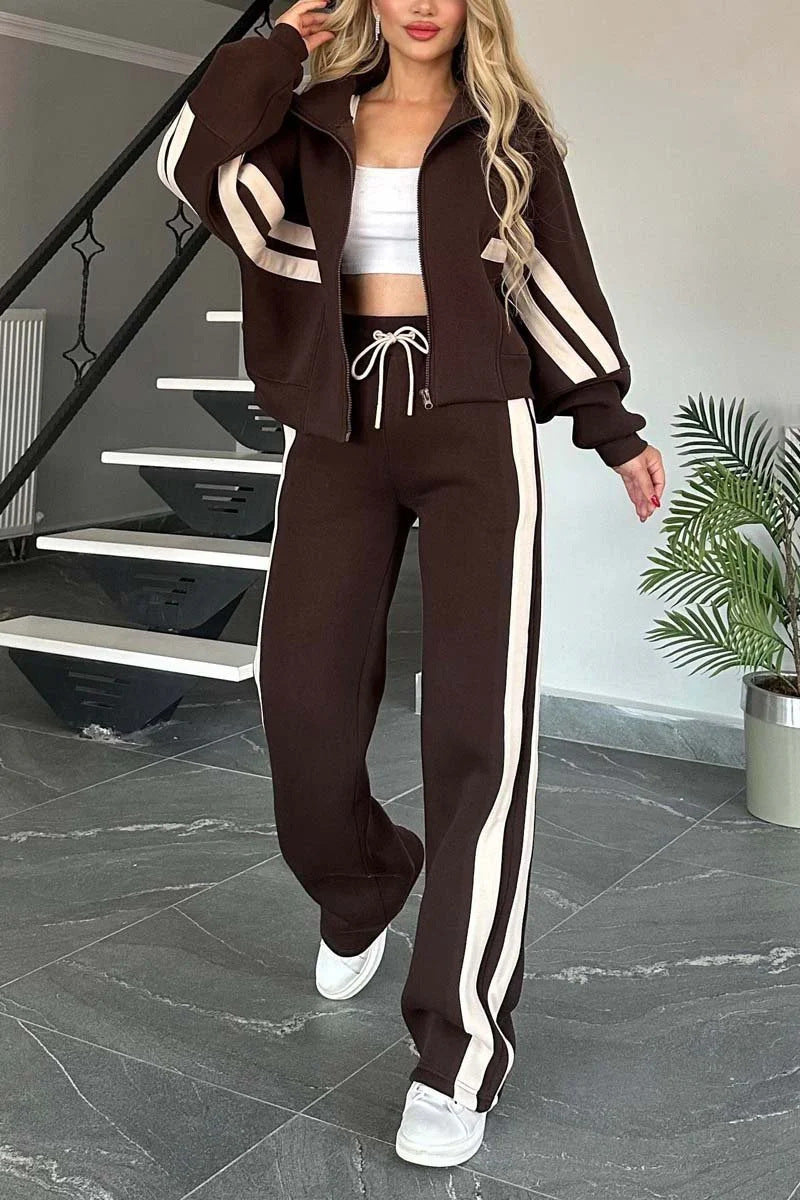 Women’s Casual Striped Zipper Coat and Trousers Set