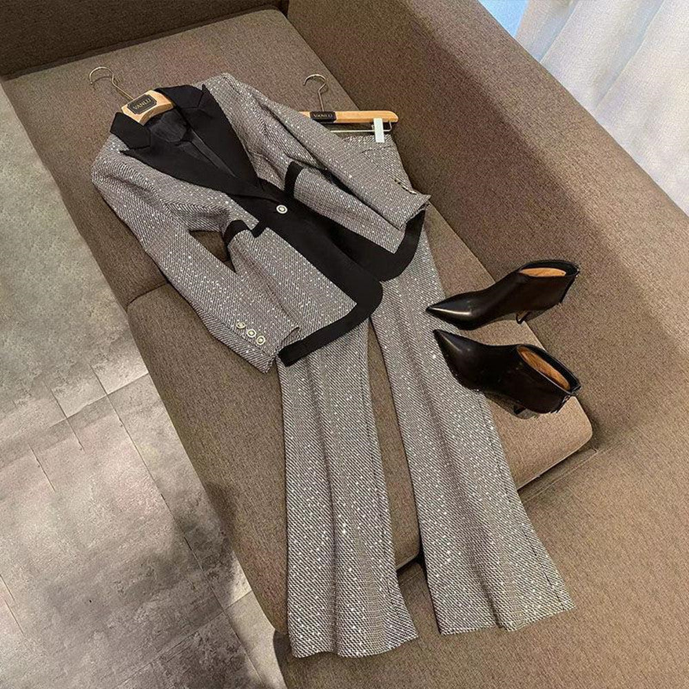 Plus Size Women's Plaid Colorblock Polyester Pants Suit with Buttons