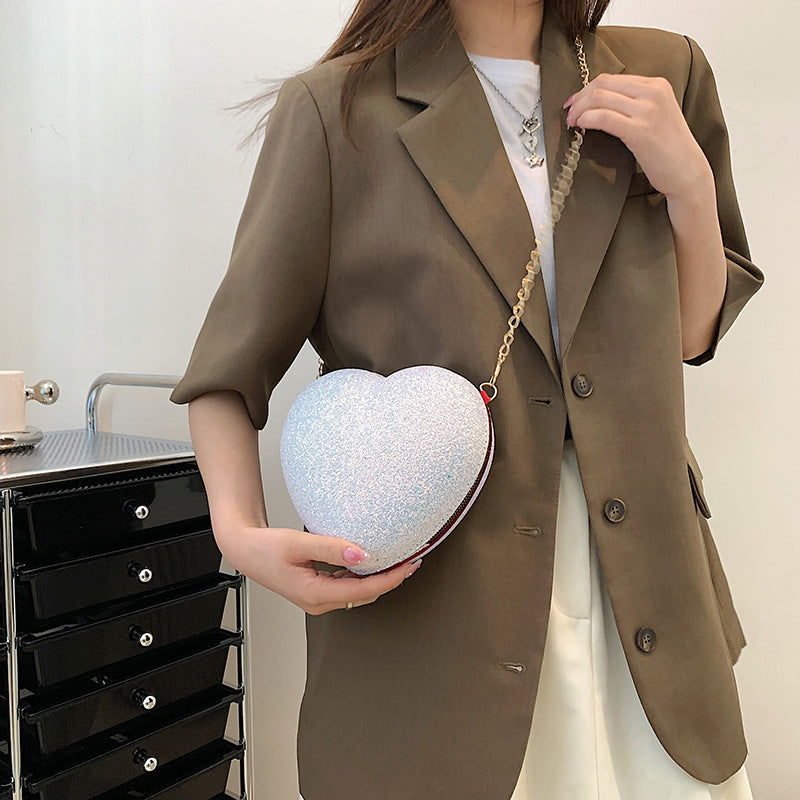Shiny Crystal Peach Sequin Heart Chain Bag for Women