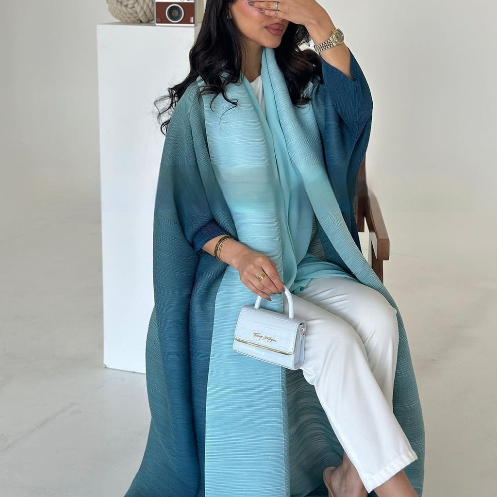 Pleated Trench Djellaba Printed Shawl Cardigan Ethnic Cloak Coat for Middle East Women