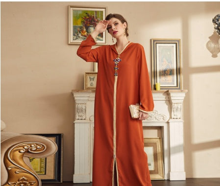 Pure Color Beaded Hooded Middle Eastern Robe Dress