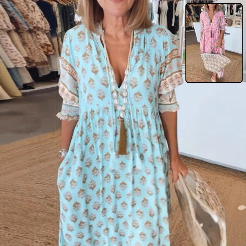Robe d'été à imprimé bohème et manches lanternes