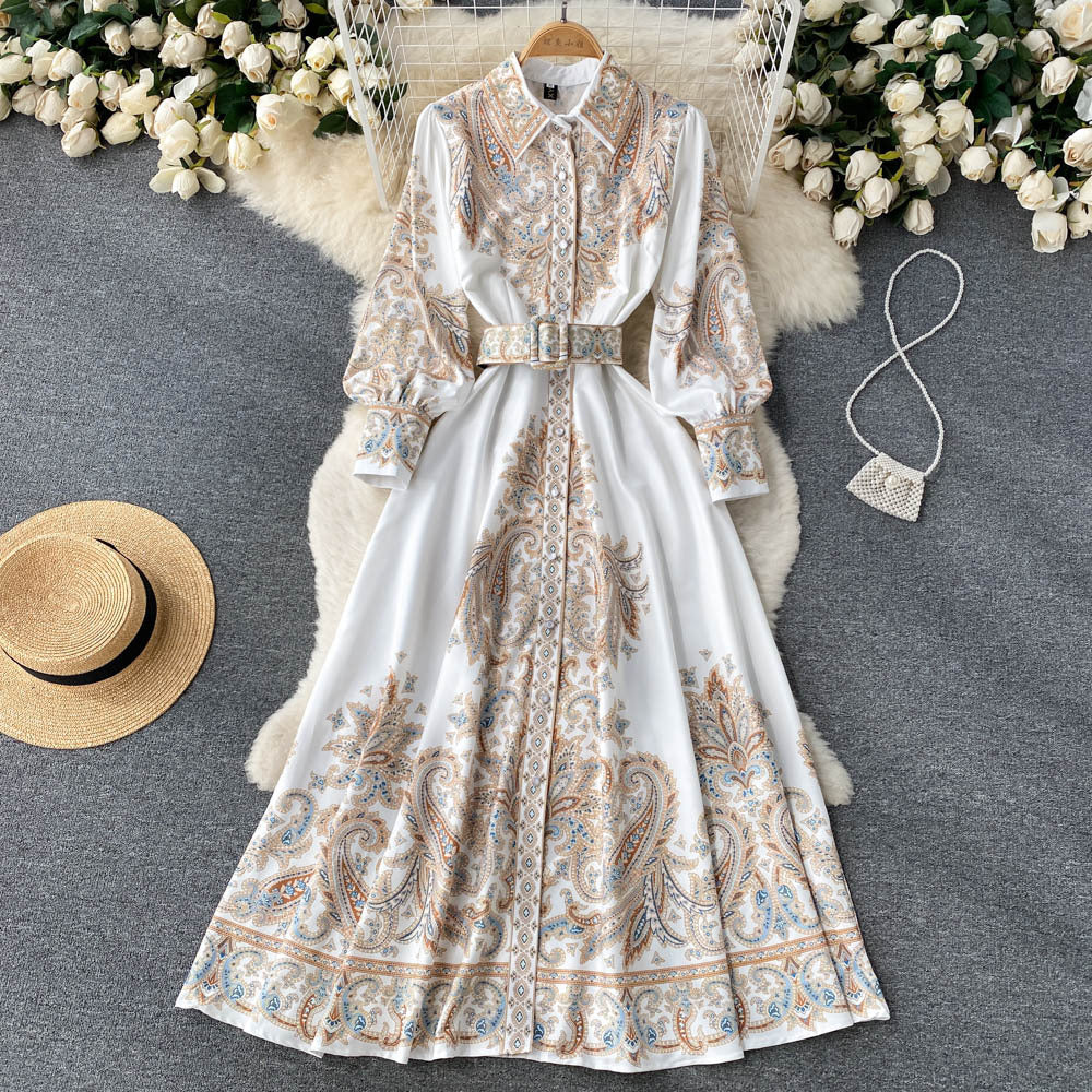 Retro Paisley French Waist Dress for Ramadan Nights in Black, Blue, Khaki
