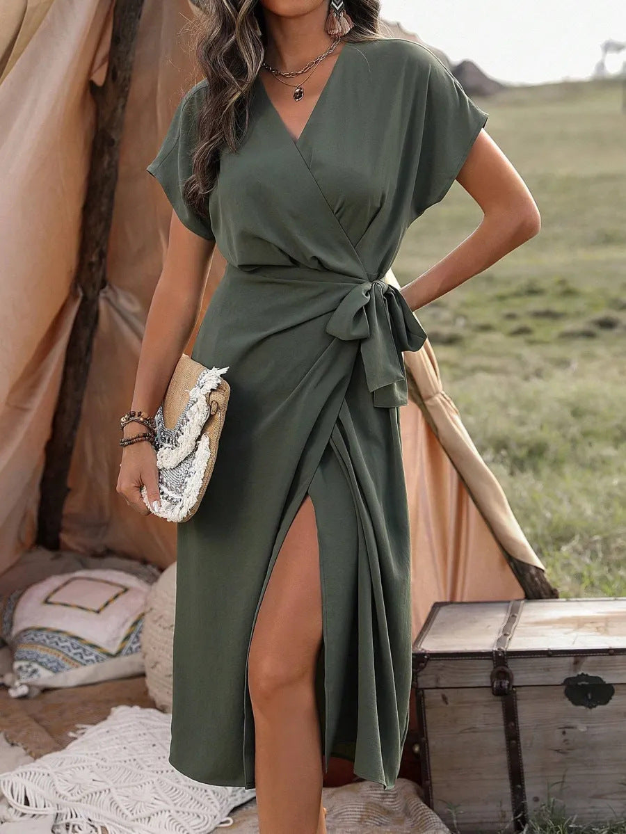 Robe portefeuille à bretelles de couleur unie pour femme, mi-longue, mode décontractée