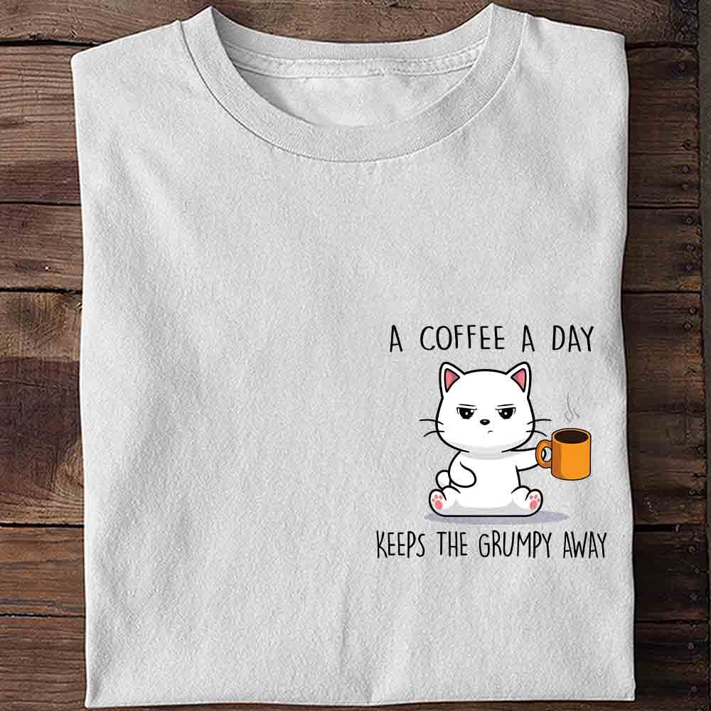 Cat Drinking Coffee Print Short-Sleeve Jersey in Grey & White Polyester