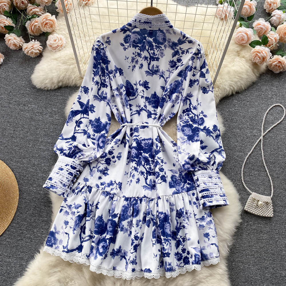 Elegant White Stand-Up Collar Puff Sleeve Single-Breasted Fringed Waist Dress