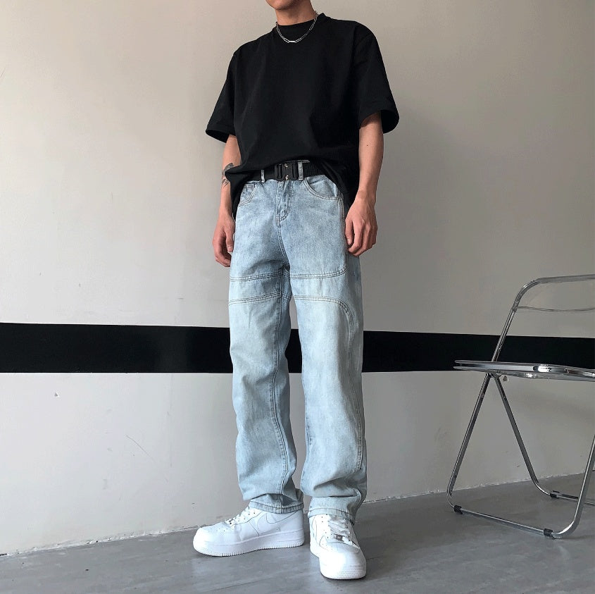 3D Washed Blue Denim High Waist Straight Jeans Trousers