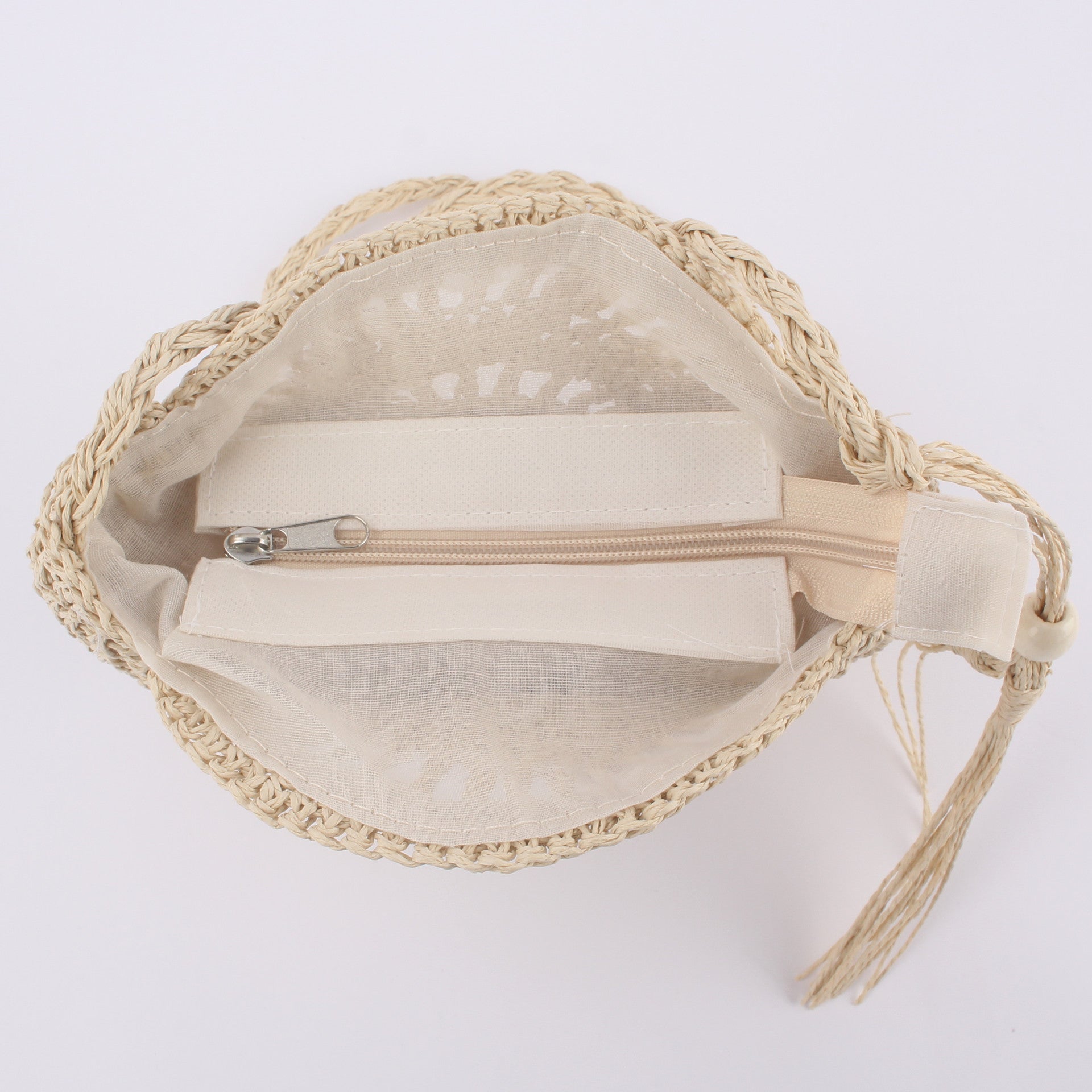 Sac bandoulière rond tressé en paille avec pompon, crocheté à la main pour femme, 26x23cm