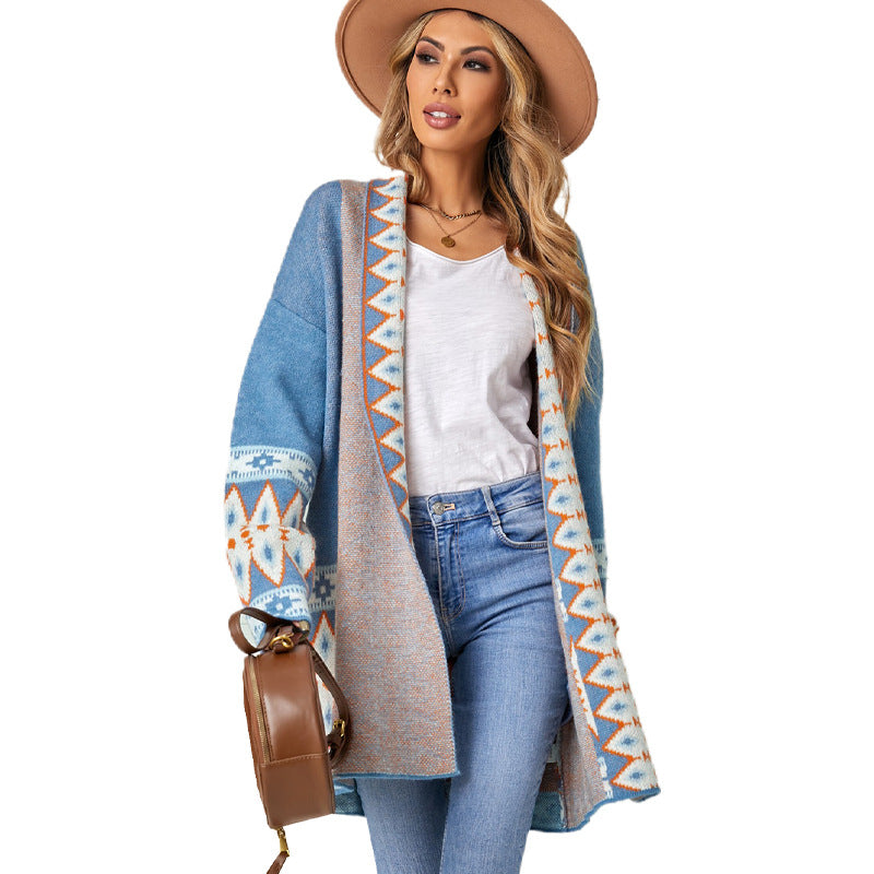 Manteau pull mi-long ethnique pour femme, plusieurs couleurs