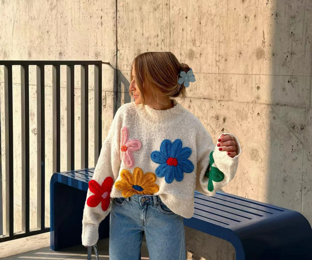 European & American Colorful Little Flower Thick Cute Sweater Coat