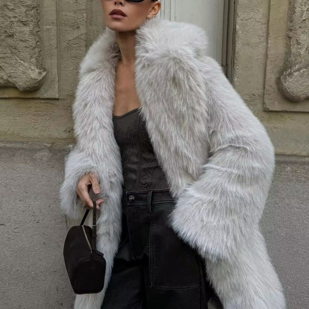 Women's White Artificial Fur Warm Three-Quarter Thick Coat