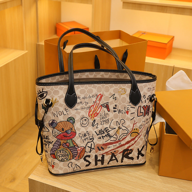 Printed Bear Graffiti Handbag Large Capacity Versatile
