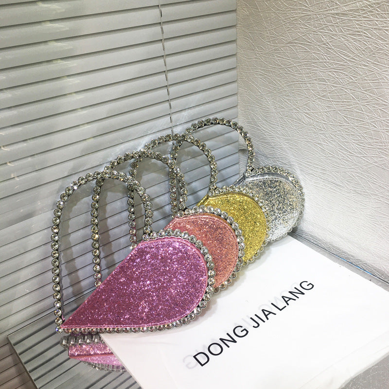 Personalized Diamond-Embedded Heart-Shaped Handbag 26x20cm in Pink, Champagne, Gold & Silver