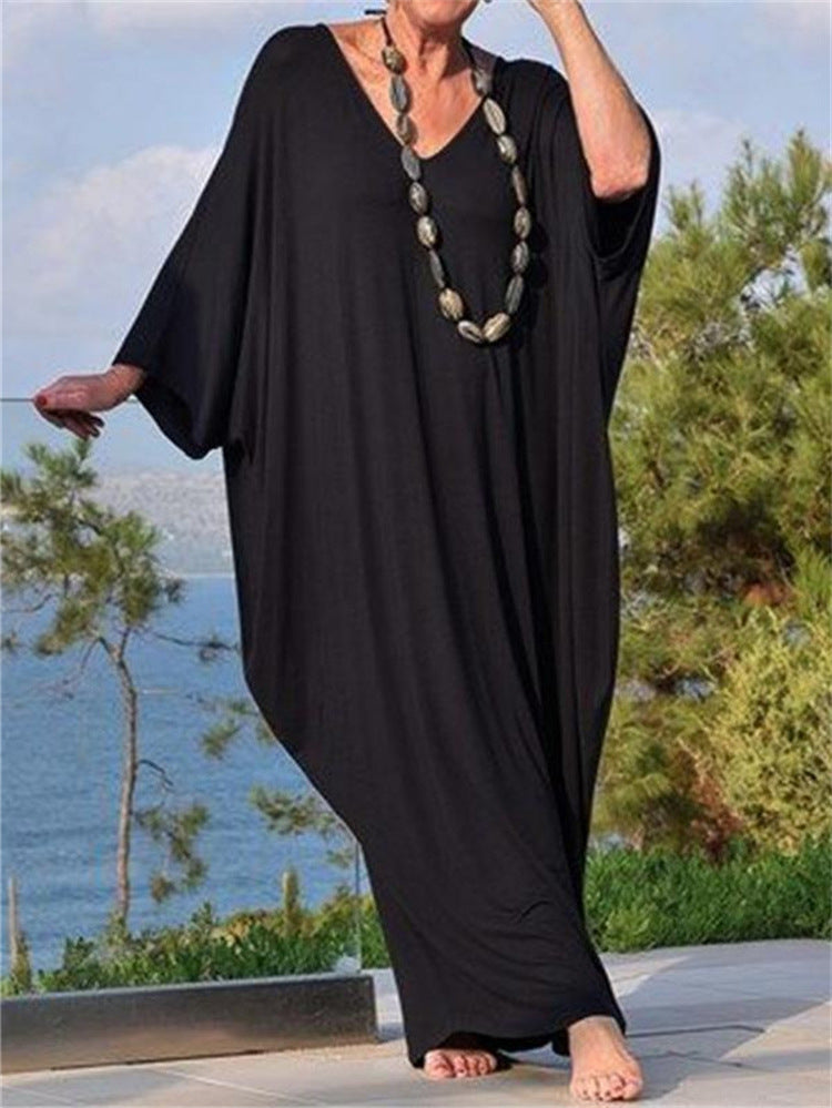 فستان صيفي كاجوال أسود بقصة فضفاضة من البوليستر S-XXL