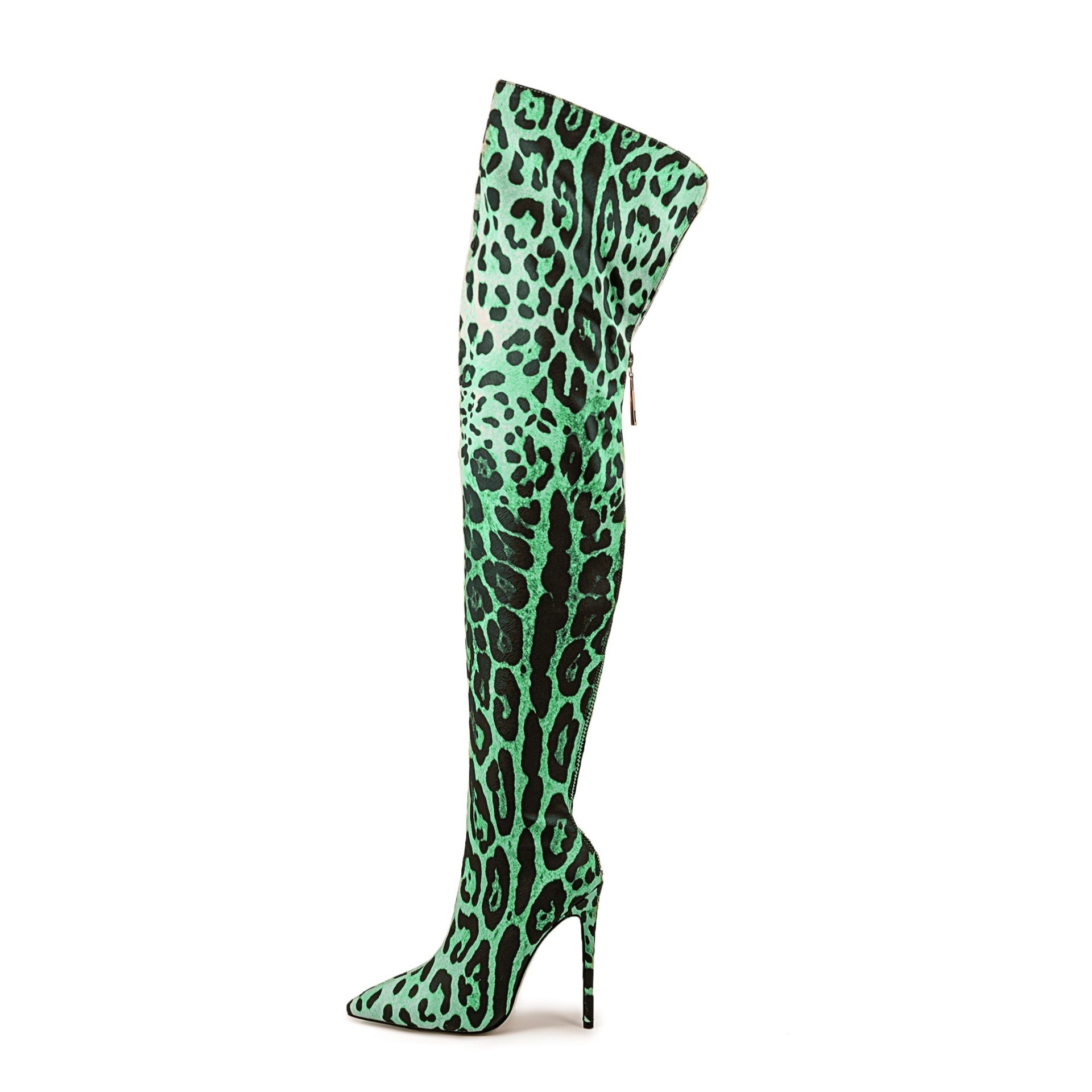 Bottes cuissardes stretch imprimé léopard à talons aiguilles et bouts pointus pour discothèque et pole dance