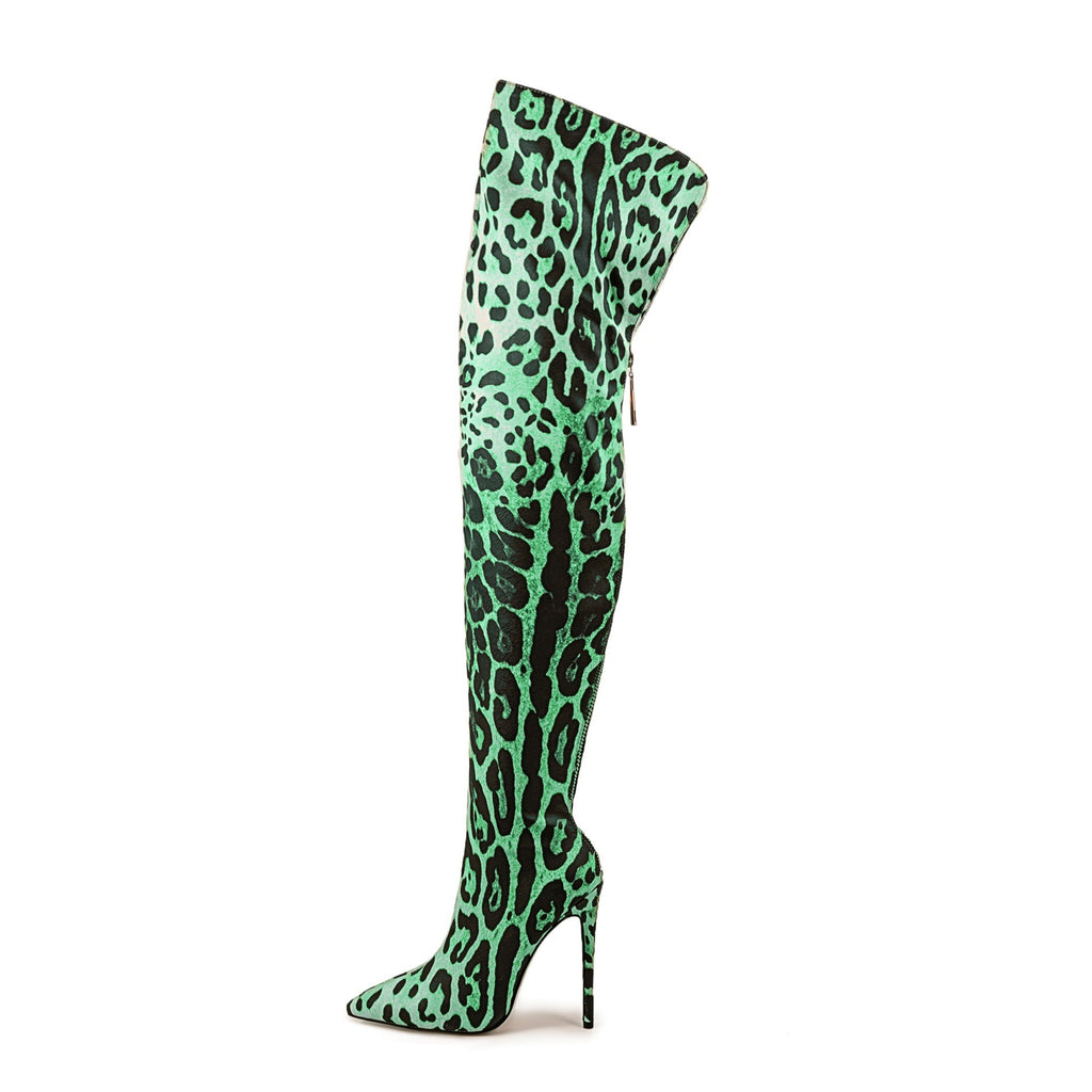 Bottes cuissardes stretch imprimé léopard à talons aiguilles et bouts pointus pour discothèque et pole dance