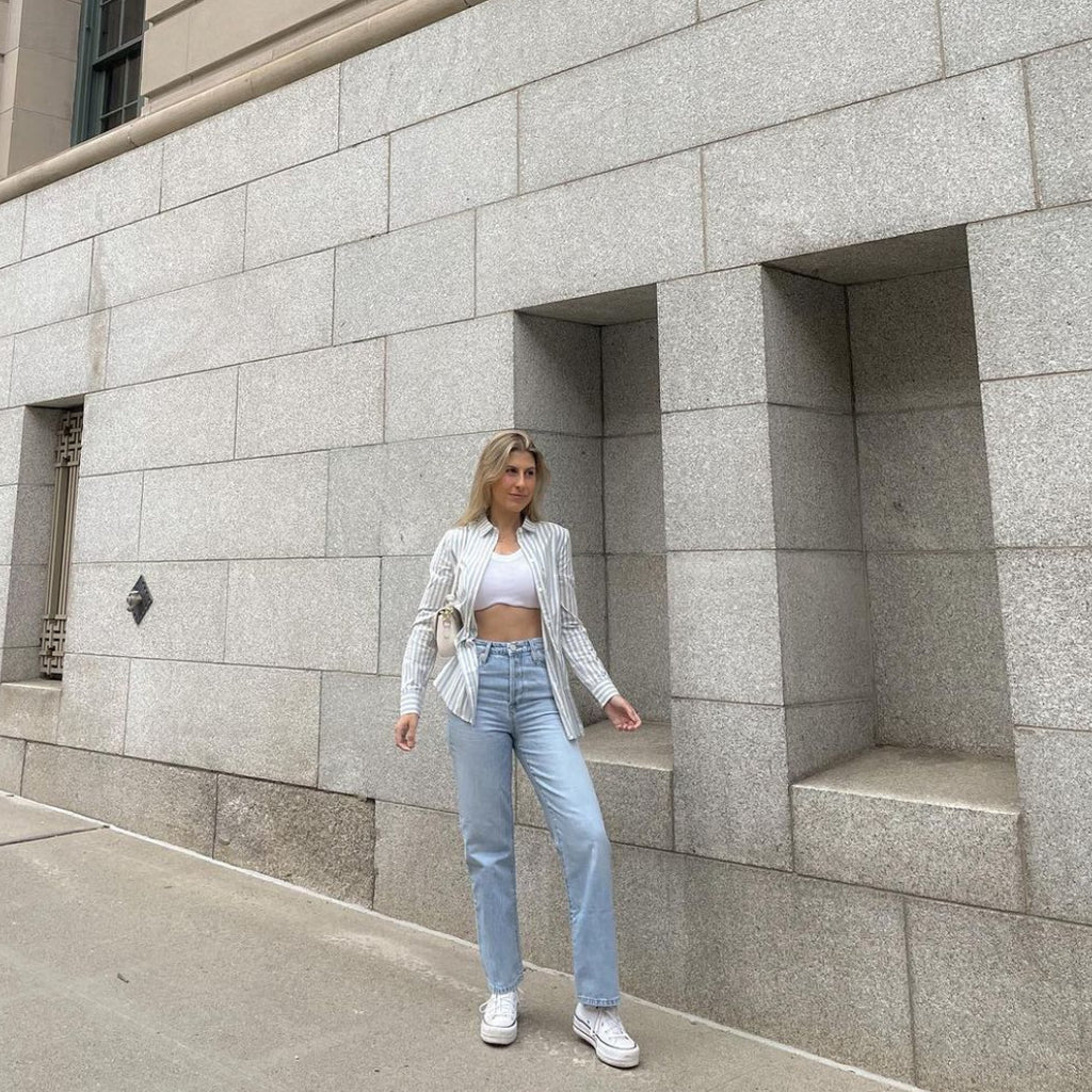 Jean en denim coupe droite bleu clair taille haute pour femme