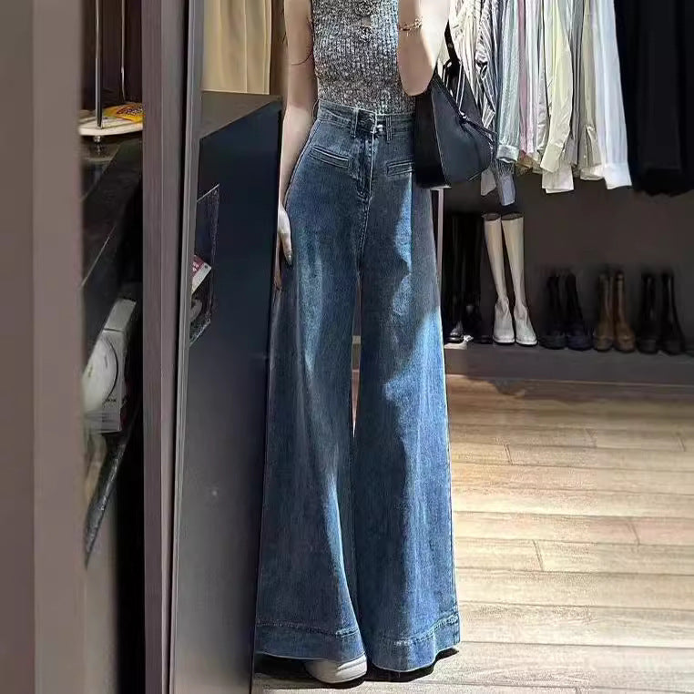 Jean large taille haute rétro bleu longueur ras du sol pour femme