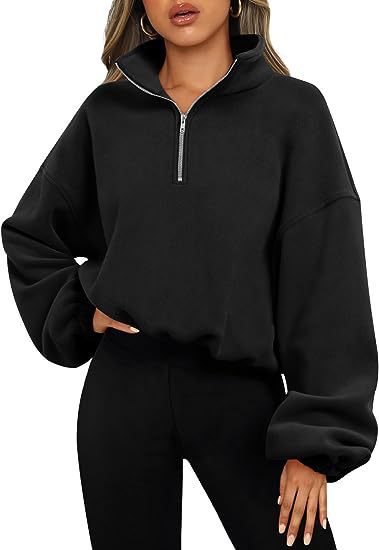 Women’s Loose Sport Pullover Hoodie Winter Zipper Stand Collar Thick Warm Sweatshirt Solid Color