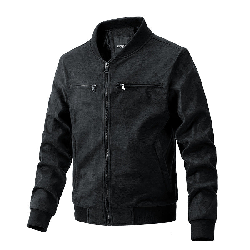Men's Suede Stand Collar Jacket with Double Zipper Pockets