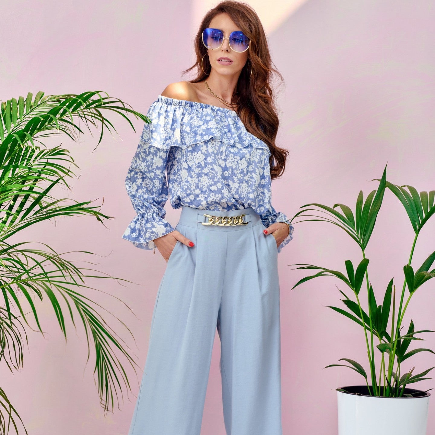 Loose Ruffle Off Shoulder Long Sleeve Floral Top