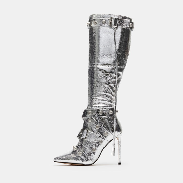 Metal Leather Pointed Stiletto Heel High Leg Boot with Rivets